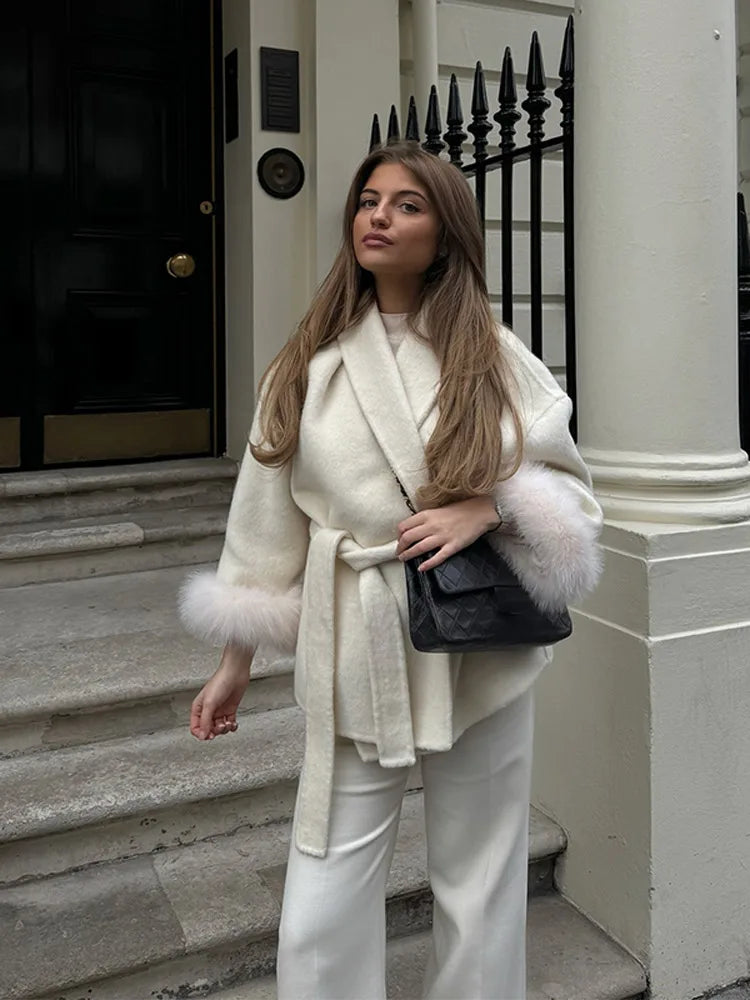 Plush Cuffs Belt Women 's Coats Elegant Lapel Faux Fur Sleeve Twist Open Coat Female 2025 Autumn Winter Fashion Lady Streetwears