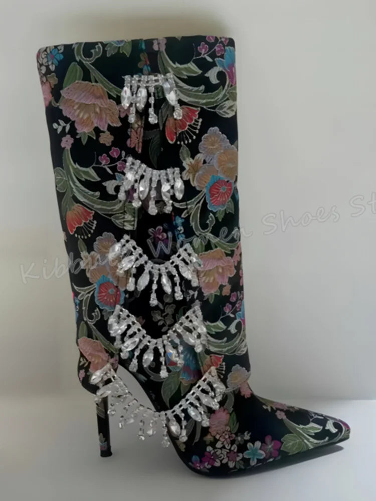 Embroidery Crystal Knee High Boots Glossy Fashion Elegant Luxury Novelty Concise Slip-On Pointed Toe Thin Heels Women Shoes New