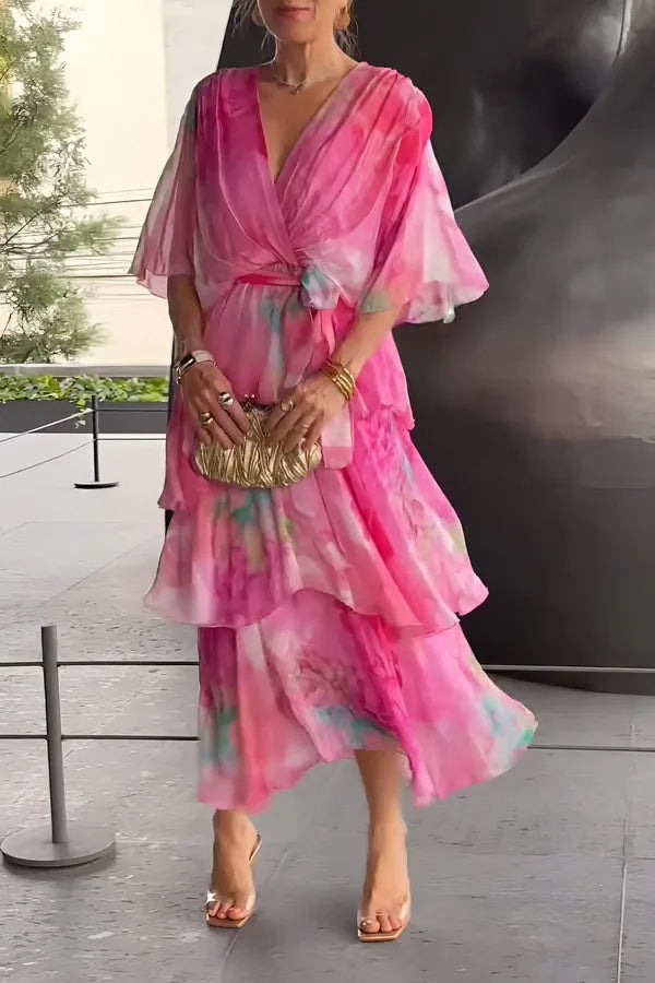 Women's Clothing Floral Flower Printing Multi Layered Dress V Neck Long Sleeve Fashion Casual Summer Dress