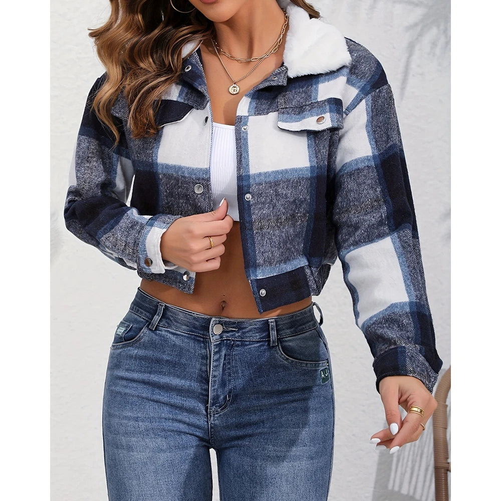 Women Fluffy Turn-down Collar Striped Print Covered Button Short Jackets Autumn Long Sleeve Coat Outfits Winter Clothing