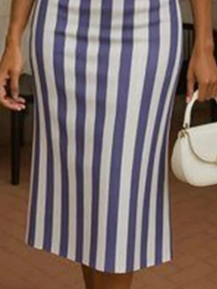 Beautyblue Spring Office Zipper Long Skirts Women Blue Stripe Skirt Fashion High Waist Split Casual Elegant Lady Formal Bottom