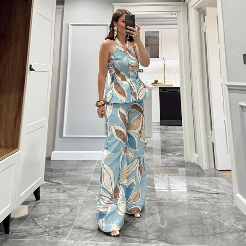 Halter Print Top Pants Set Women Backless Crop Tops Wide Leg Baggy Pants Two Pieces Set Chic Vacation Casual Women Outfit