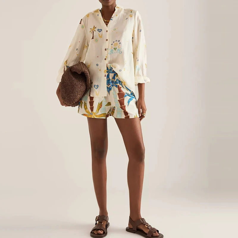 2025 Vacation Loose Outfit Spring Summer Pattern Printed Long Sleeved Two Piece Set Women Lapel Button Up Shirt and Shorts Suit