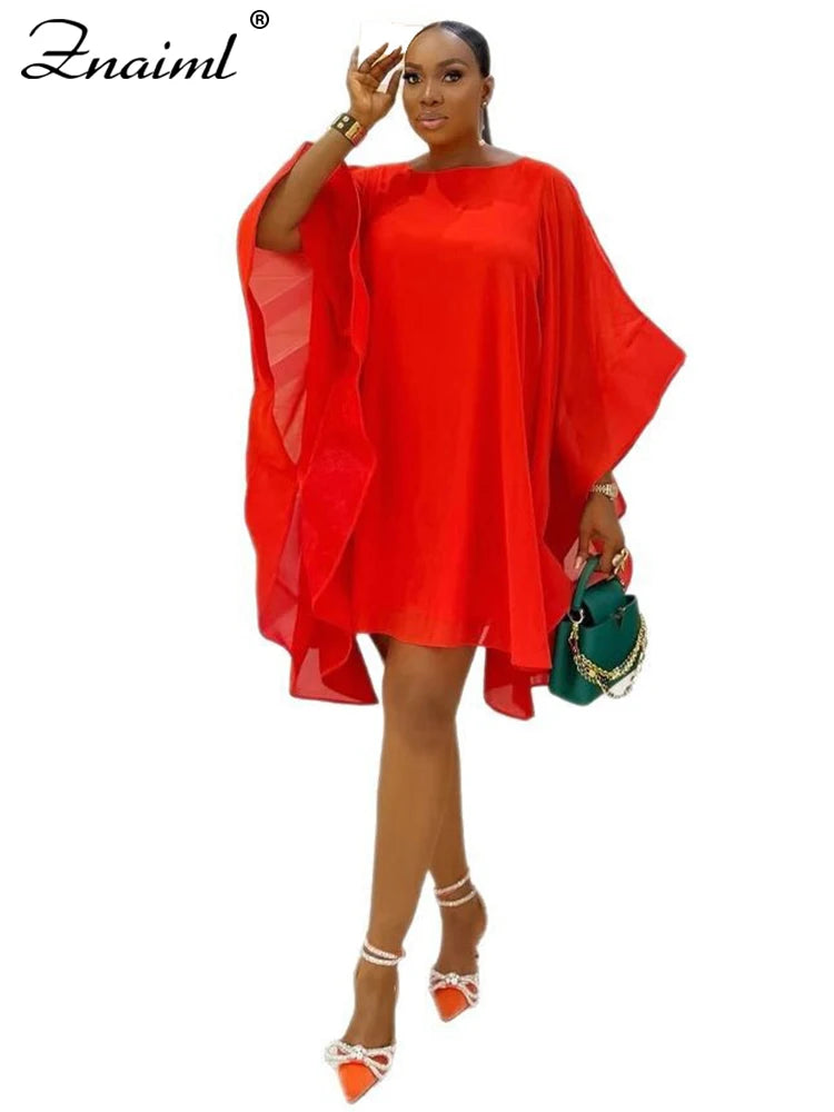 Znaiml Elegant African Party Cloak Mini Dress Women Fashion O Neck Batwing Sleeves Cape Loose Dresses Summer Birthday Clubwear