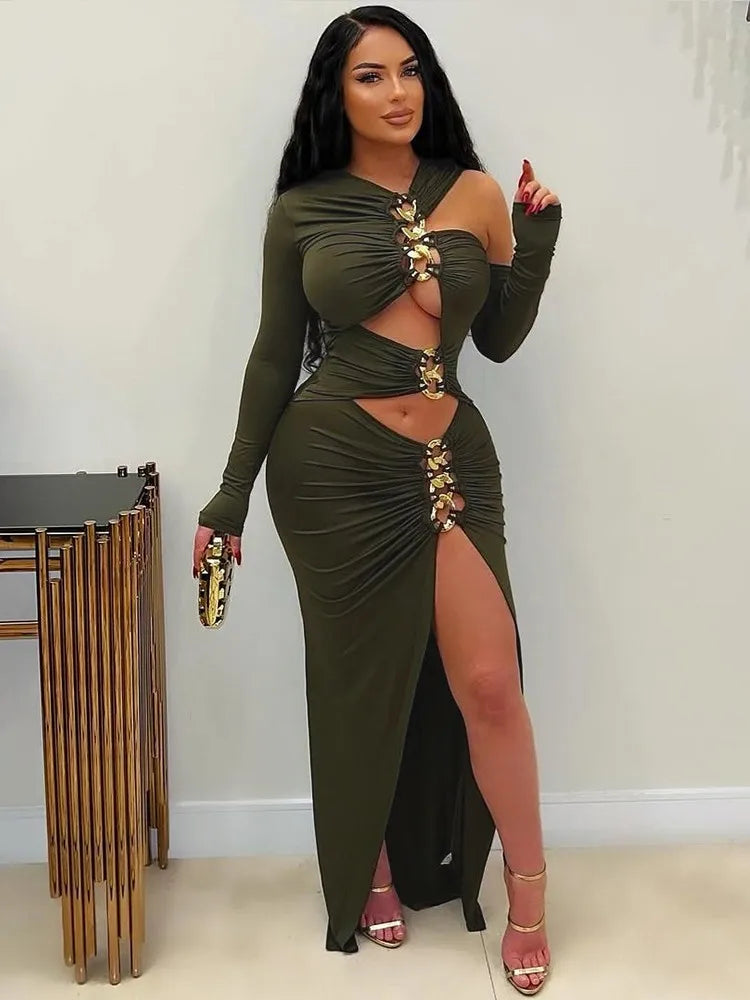 Joskaa Elegant Metal Decoration Hollow Birthday Dress Woman Sexy Irregular Full Sleeve High Split Maxi Dresses 2025 Clubwear