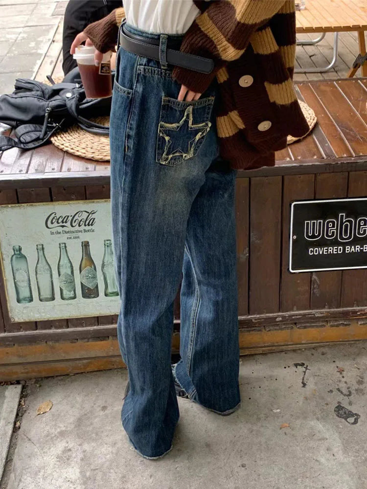 Women's Blue Wide Leg Jeans Star Pocket Vintage Straight Pants High Waist Baggy Streetwear Casual Denim Trouser Ladies 2022 New