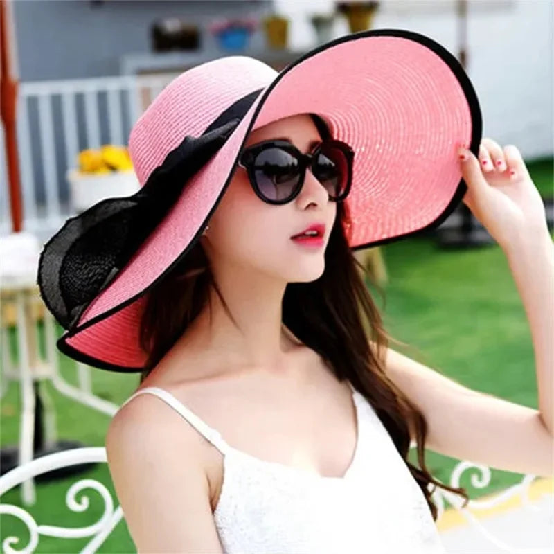 Hat Big-brimmed Cool Hat Women's Summer Sun Visor Sun-Proof Foldable Straw Hat UV-Proof Beach Sun Hat Summer Face Covering