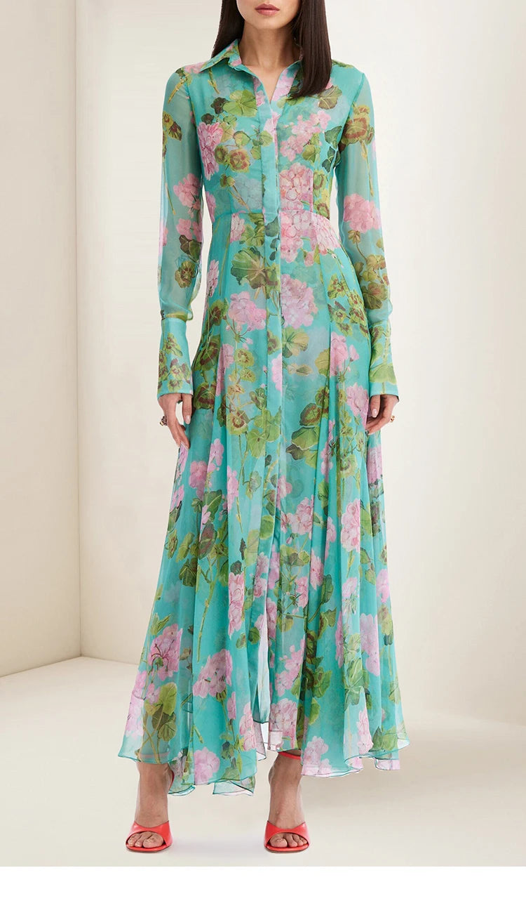 French Romantic Dress 2023 Spring New High-End Temperament Printed Single-Breasted Dress Vacation Style Feminine Long Dress