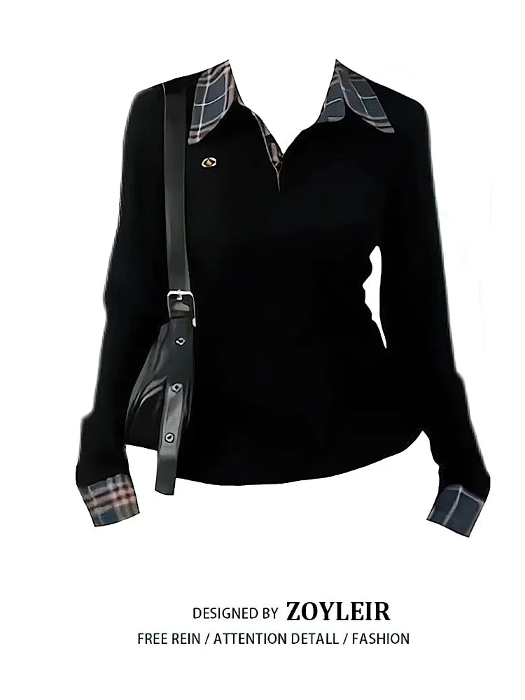 Preppy Polo Neck Knit Long sleeve T shirt Women False 2 Piece Korean Fashion Plaid Top V neck Basic Blouses Tees 2025 New