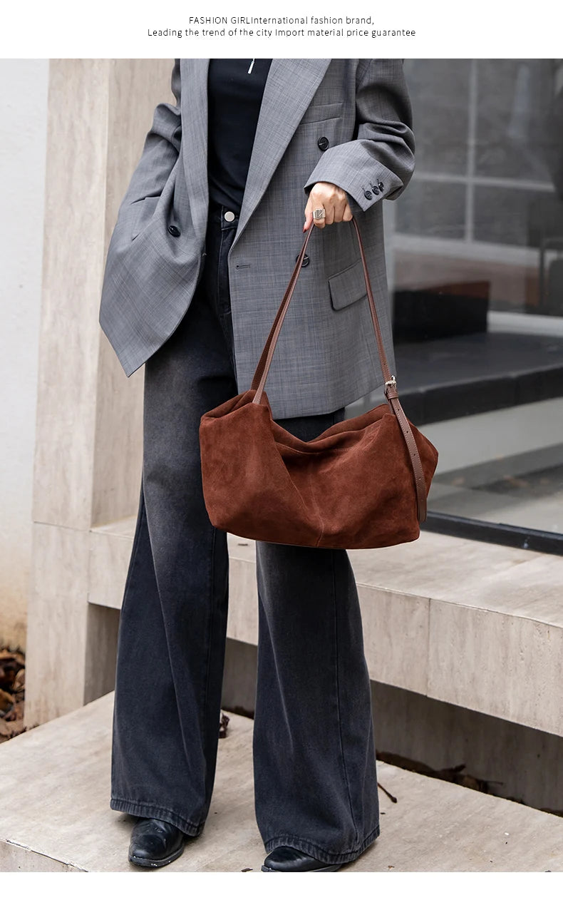 Women's Suede Genuine Leather Shoulder Bags Ladies Frosted Cowhide Crossbody Bag Female Design Luxury and Lazy Commuting Handbag