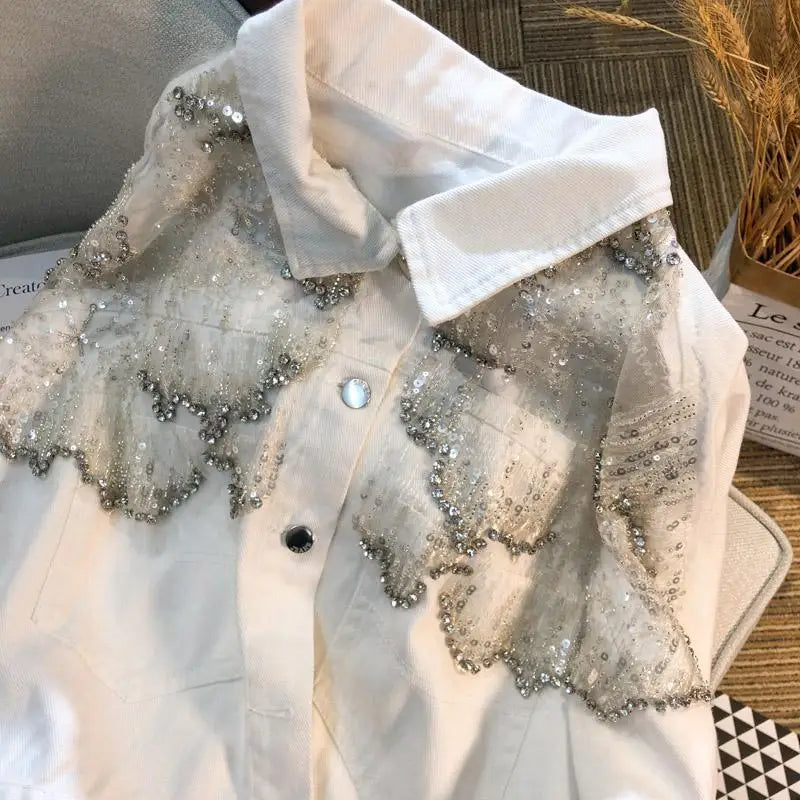 Mesh Sequined Denim Jacket for Women, Loose Coat and Stylish Top Trend for Spring 2025
