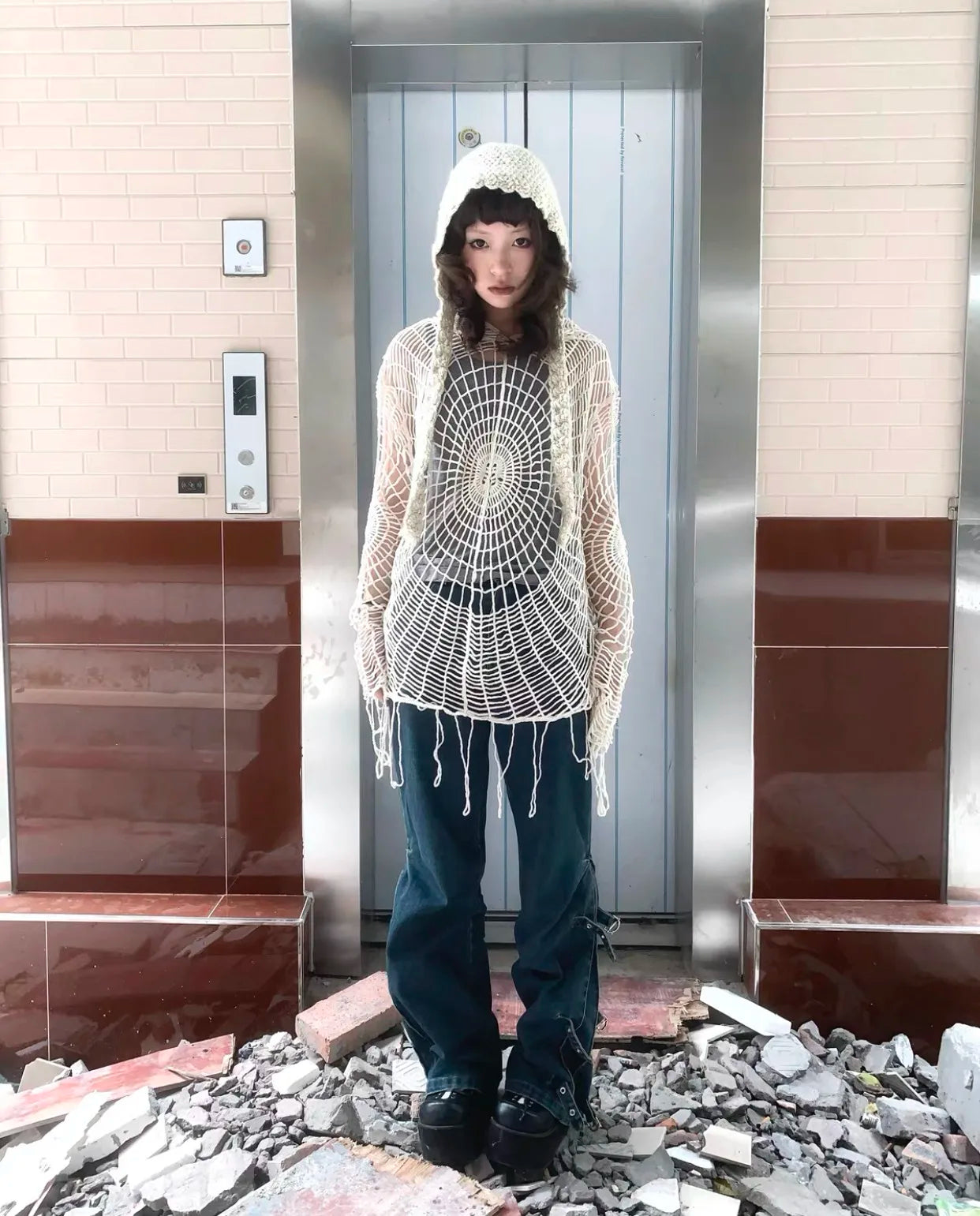 Karrram Japanese Y2k Hollow Out Knitted Top Trashy 2000s Style Spider Web Pullover Vintage Harajuku Hole Hooded Knitwear Grunge