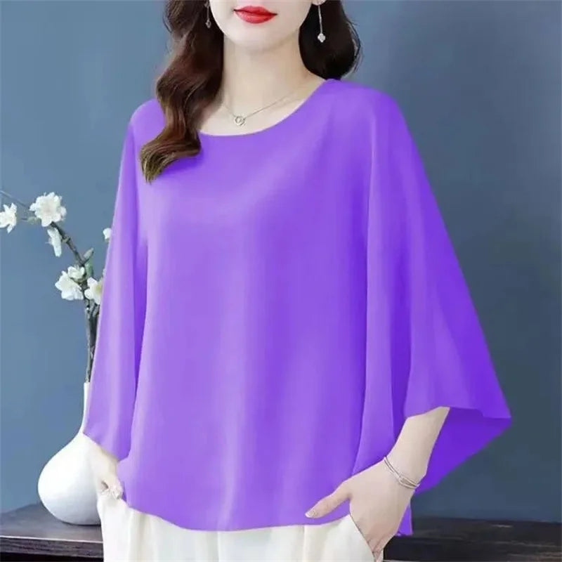 4XL Bat Shirt Summer Women's Loose T-shirt Small Shirt 2025 Spring/Summer Large Wrinkle Resistant And Elegant chiffon Top Green