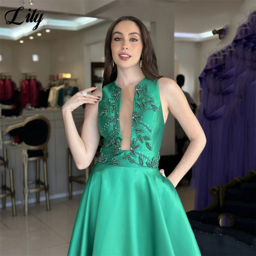 Lily Emerald Green Evening Gown Sleeveless Prom Dress with Beaded Embroidery Wedding Evening Dress robes de soirée Customized