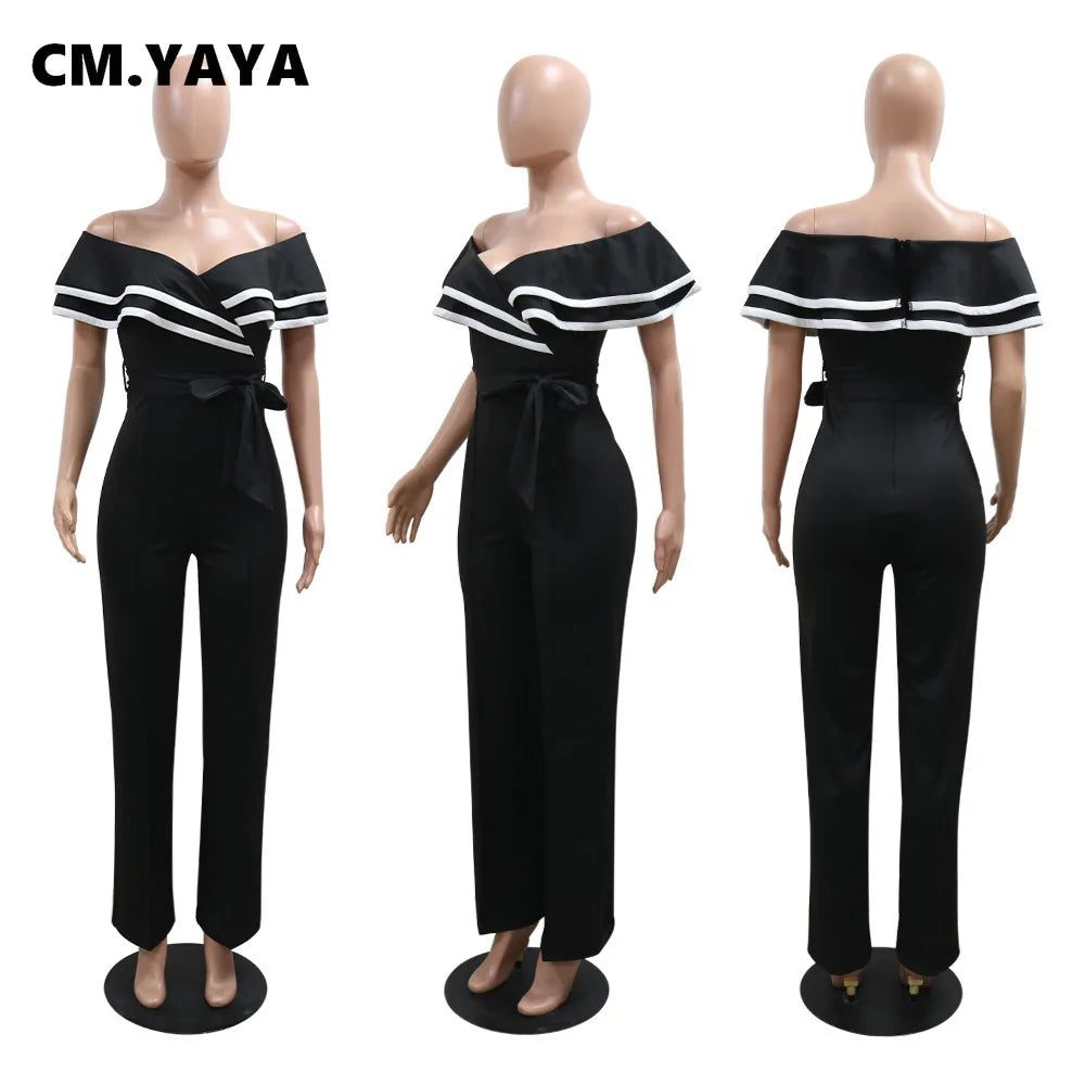 CM.YAYA Women V-neck Off Shoulder Ruffles Wide Leg Jumpsuits 2024 Summer Fashion Sexy Party Playsuit One Piece Suit Rompers