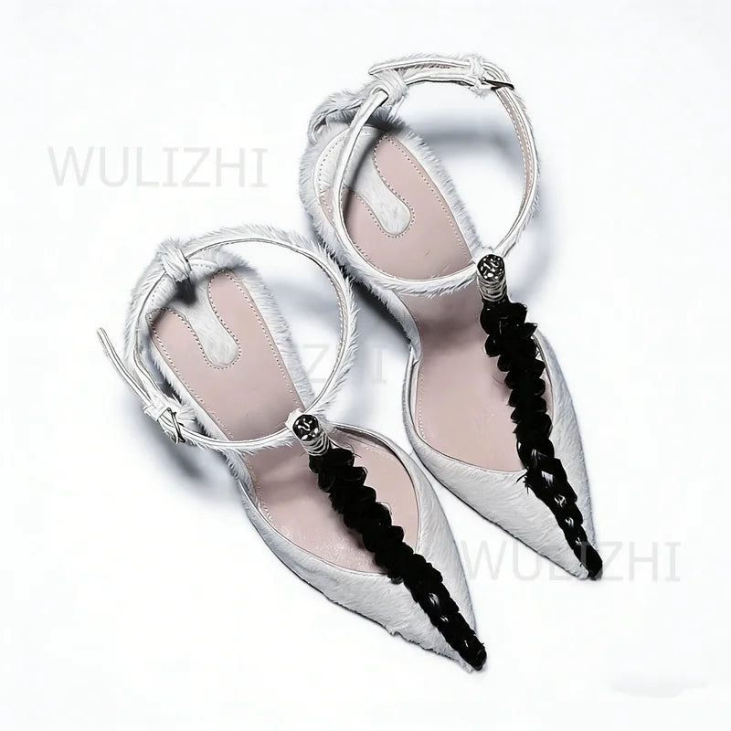 White Suede Woven With Canvas Chain Detailing Sandals for Women