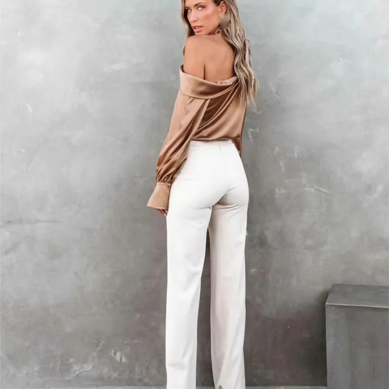 Women Fashion Sexy Slash Neck Satin Blouse Solid Color Long Sleeve Off Shoulder Office Shirt Lady Casual Loose Blouse Tops
