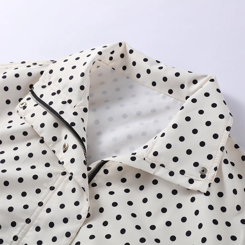 Loose Polka Dot Zipper Women's Shorts Set Stand Collar Patchwork Full Sleeve Pockets Jacket Tie Up Short Pant Suit Summer Outfit