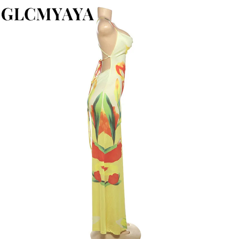 GLCMYAYA Women Floral Printed Bodycon Midi Backless Satin Maxi Long Dress 2025 Vacation Holiday Party Birthday Dresses Vestidos