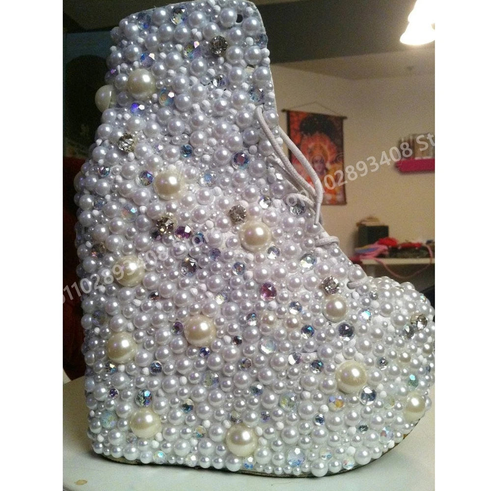 Many Pearls Decor Ankle Boots New Design Unique Style Front Lace-up Wedges High Heel Sexy Women Shoes 2025 Spring Para Mujere
