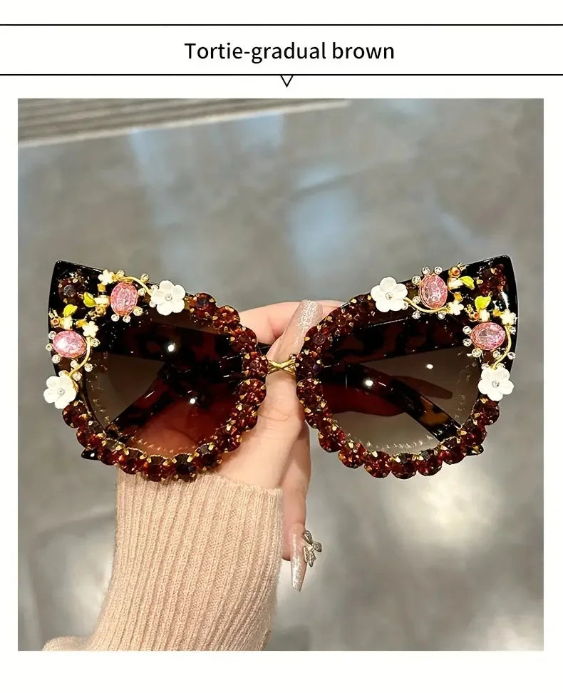 Luxury Rhinestone Flower Sunglasses Cat Eye Gradient Decorative Shades Props For Costume Party Prom