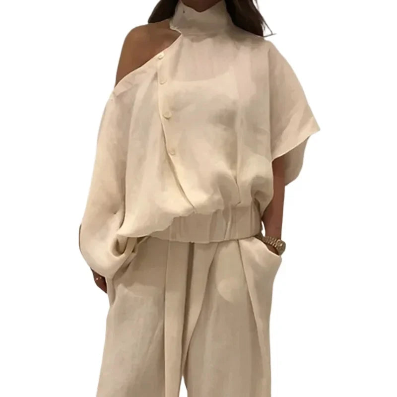 elegant women's clothes fashion Irregularity Loose Hollow Solid Color Cold Shoulder Blouses&Shirts lady's creamy Tops