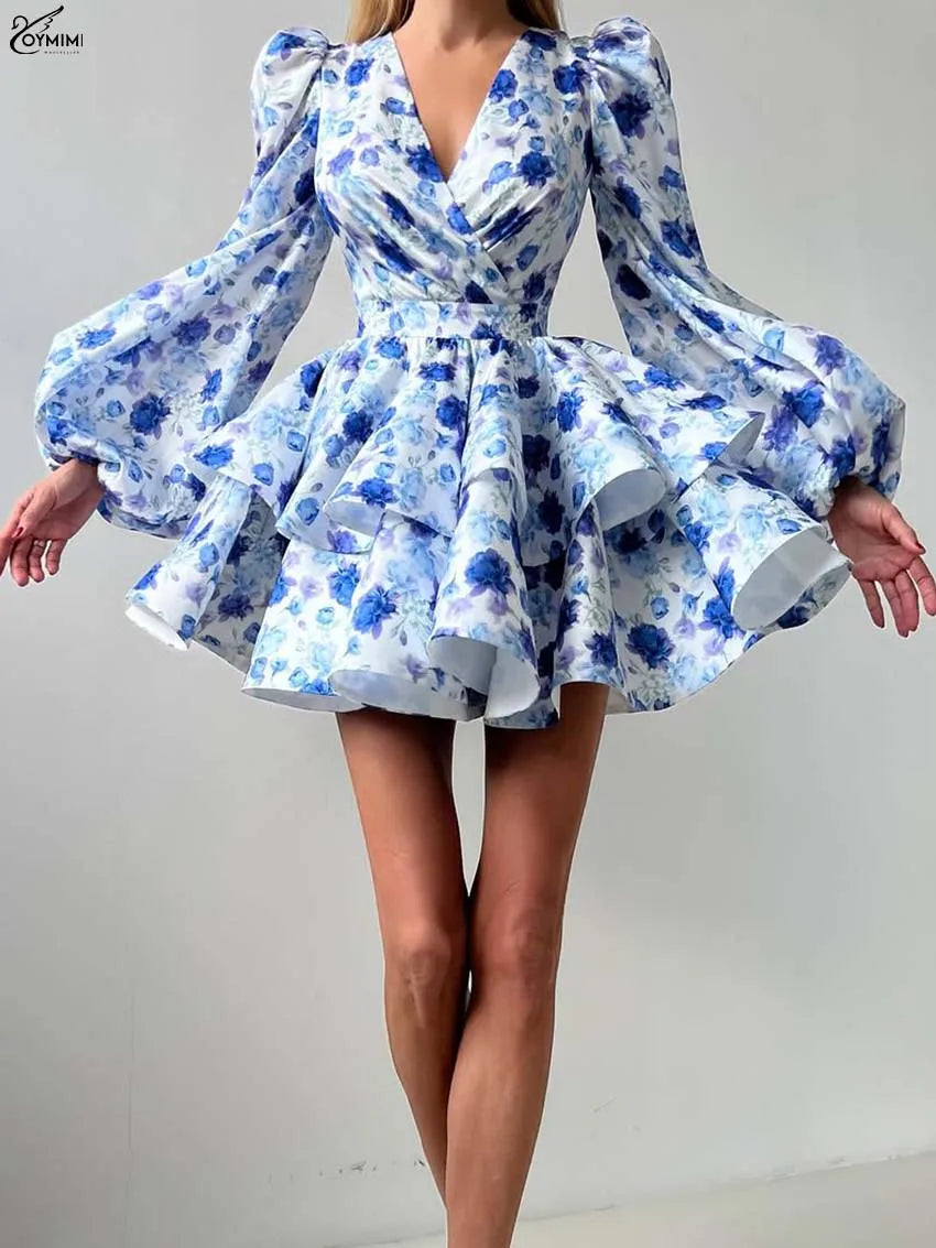 Oymimi Fashion Blue Print Womens Dresses Elegant V-Neck Long Sleeve Zipper Dresses Casual High Waist Pleated Mini Dress Female