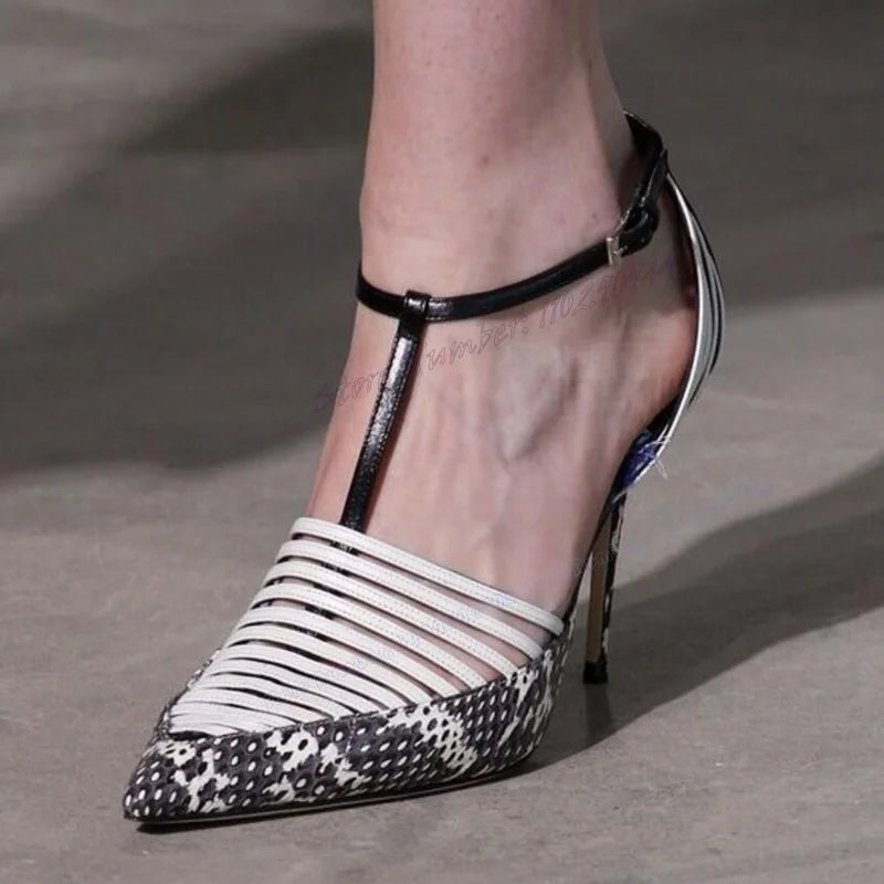 White Hollow Out T-strap Sandal Snakeskin Back Strap Pointed Shoes for Women Thin High Heels Sexy Shoes 2025 Zapatos Para Mujere