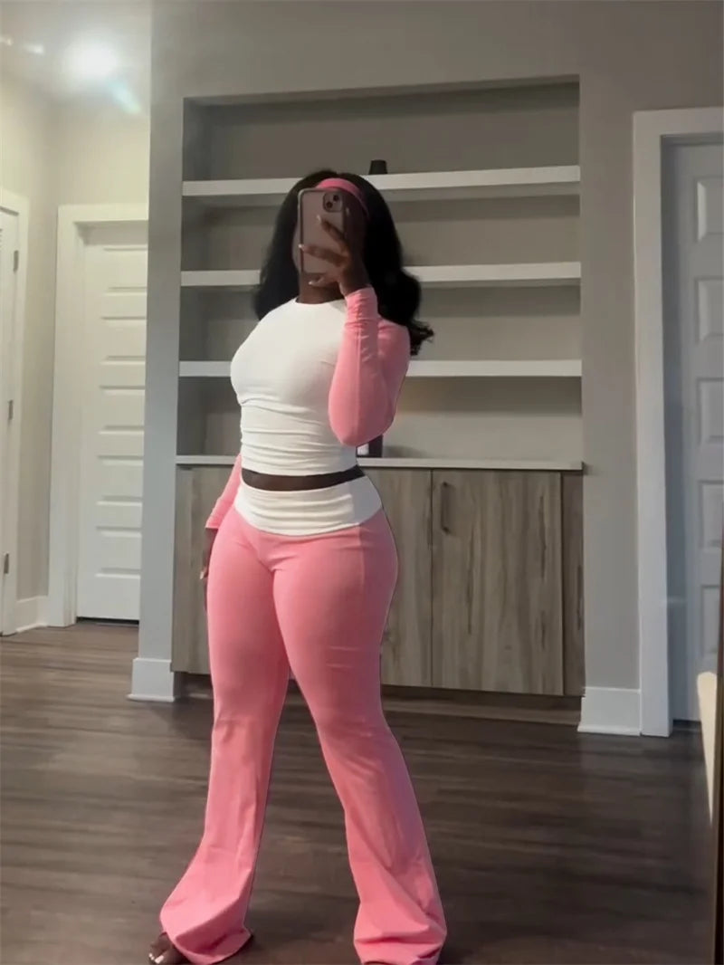 Sporty Casual Tracksuit Sets Womens Clothing 2 Pieces Set Active Wear Long Sleeve Top and Flare Pants Joggers Workout Sweatsuits