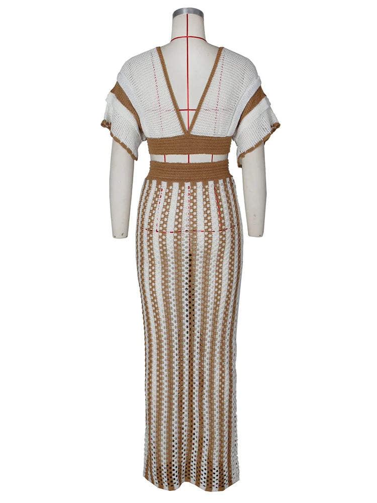 Wmstar Women Two Piece Set Sexy Elegant Knitted Crochet Beach Stripe Crop Tops Long Skirts Matching Set Holiday Birthday Outfits