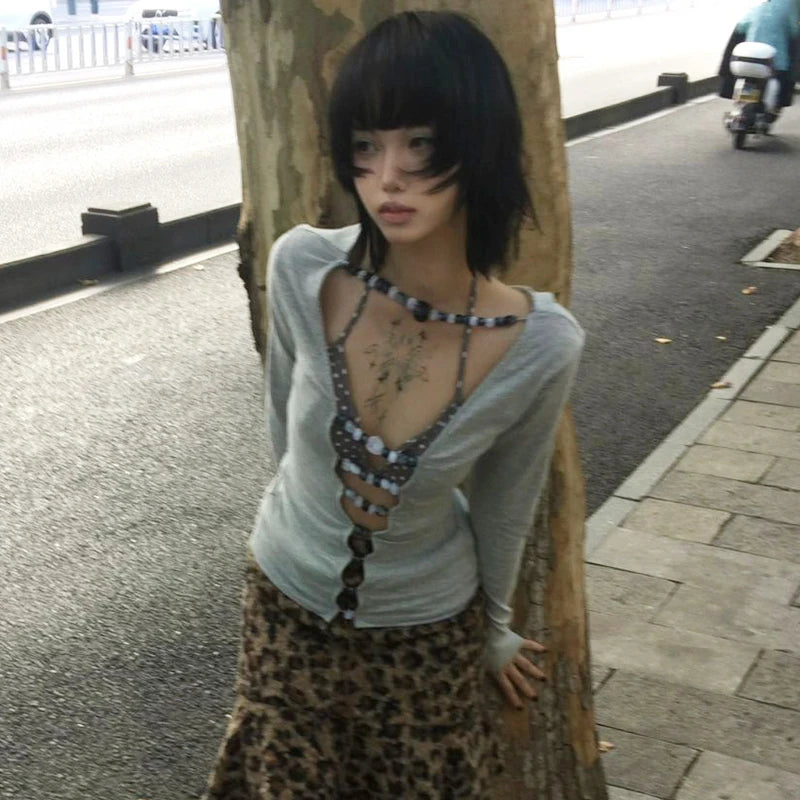 Karrram Japanese Y2k Hollow Out T-shirt 2000s Aesthetics Long Sleeve Beaded Tops Vintage Harajuku Sexy Streetwear American Retro