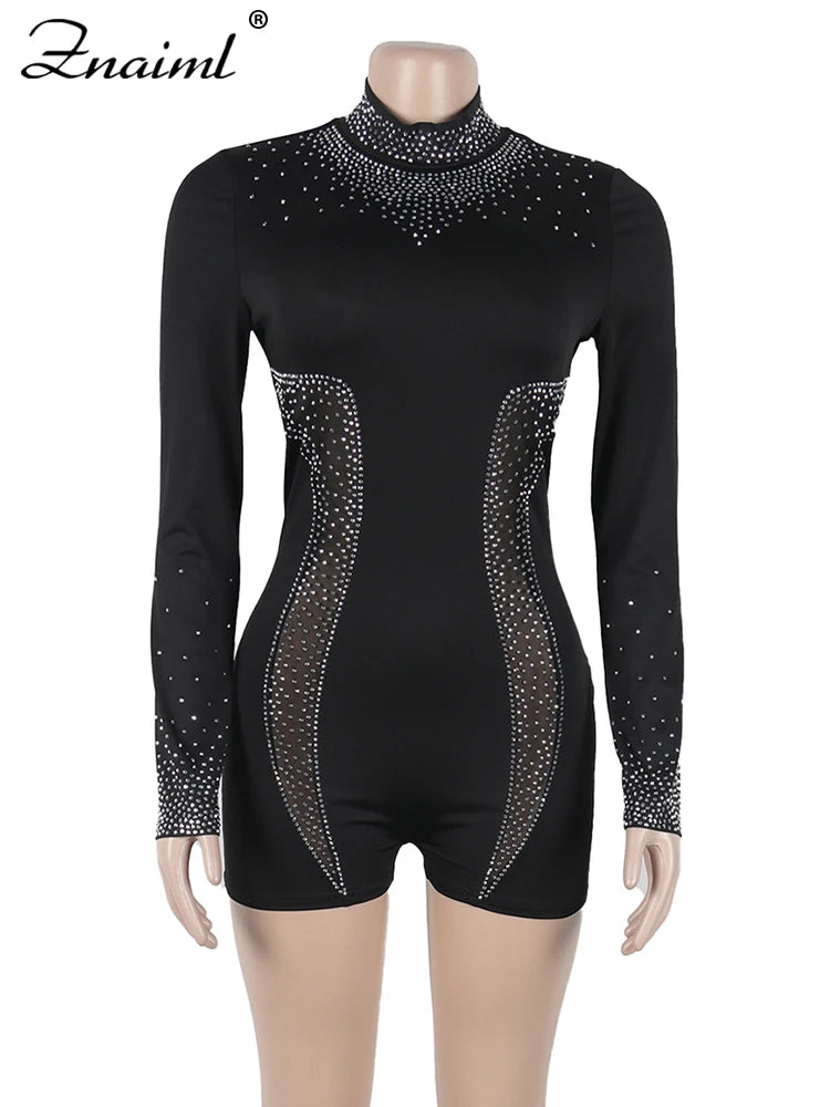 Znaiml Women's Long Sleeve O Neck Short Jumpsuit with Rhinestone Sheer See Through Stretch Bodycon for Nightclub Birthday Party