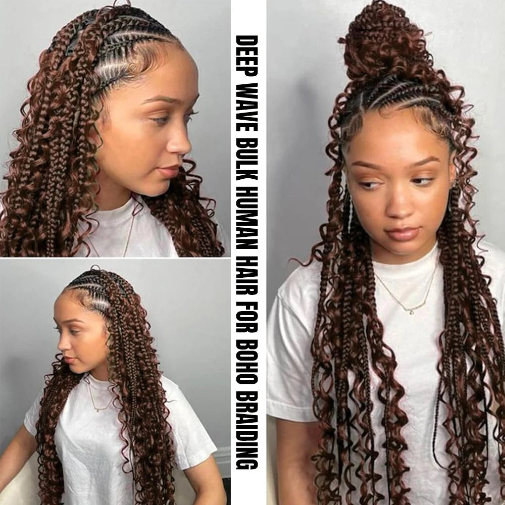 Human Braiding Hair Chocolate Brown 100g Deep Wave Bulk No Weft Human Hair Wigs Bundles for Curly Boho Braiding