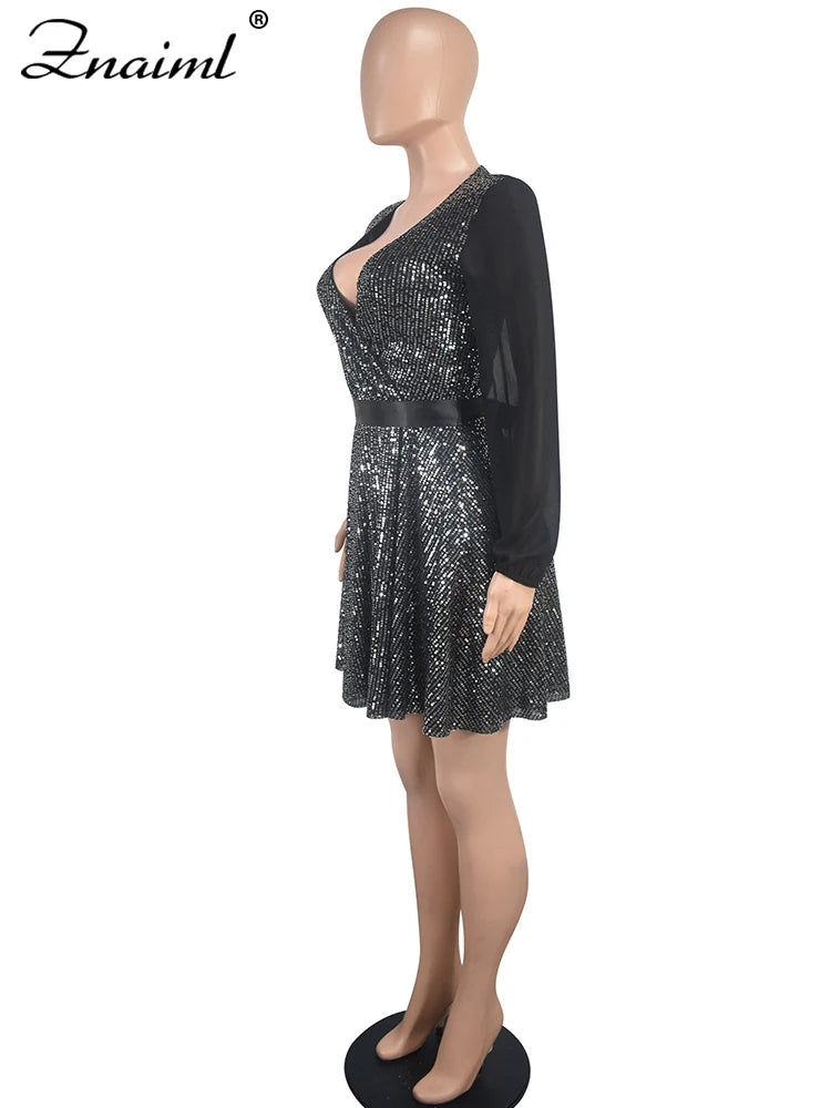 Znaiml Luxury Black Sequin Mesh Patchwork Long Sleeve V-Neck Loose Short Dress Elegant Birthday Party Women Clothing Clubwear