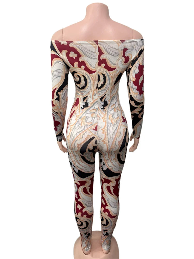 Weird Puss Slash Neck Jumpsuit Women Hipster Colorful Print Full Sleeve Stretch Skinny Fitness Activity Workout Slim Streetwear