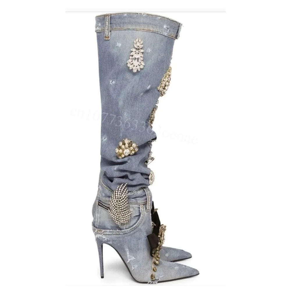 Demin Crystal Decor Boots Pleated over the Knee Shoes for Women Fashionable Thin High Heels Sexy Shoes 2025 Zapatos Para Mujere
