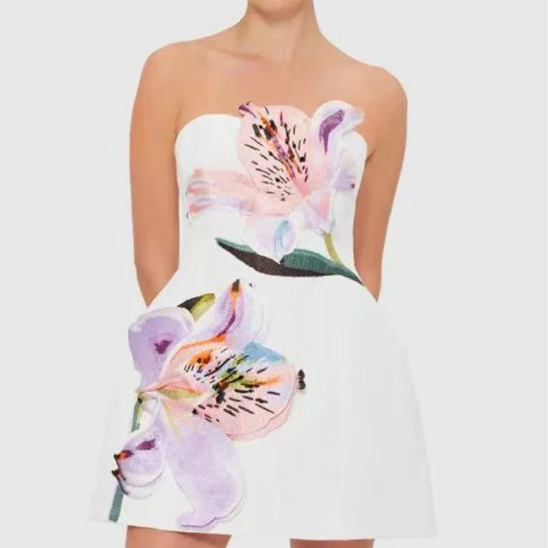 Lady Elegant Strapless Waist Banquet Dress Fashion Sleeveless Hollow Cocktail Dresses Casual Floral Print Backless Holiday Dress