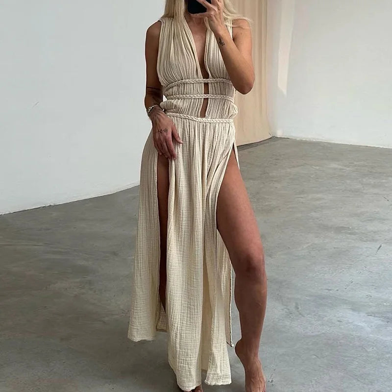 Deep V-Neck Sexy Bohemian Party Dress, Women Summer Loungewear Sleeveless Maxi Dress, New Hollow Out Solid Ladies Dress Vestidos
