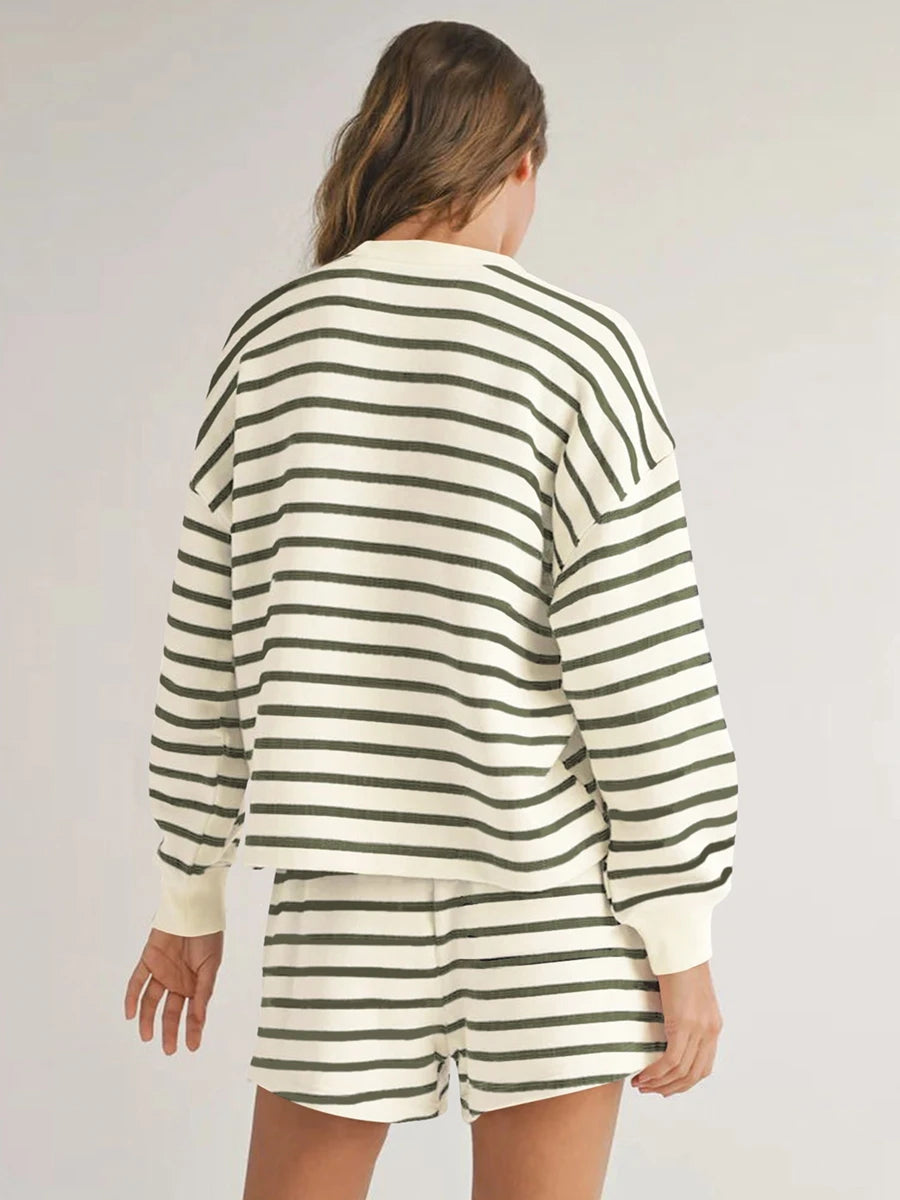 Women'S Striped Long Sleeved Shorts Set Long Sleeved T-Shirt With Elastic Waist Shorts Spring and Autumn Sports Set