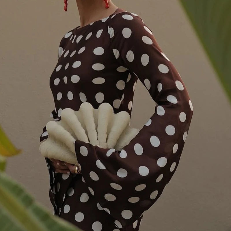 Women Fashion O-neck Flared Sleeve Evening Dress Spring Elegant Hight Waist Slim Long Dress Autumn Polka Dot Print Party Dress