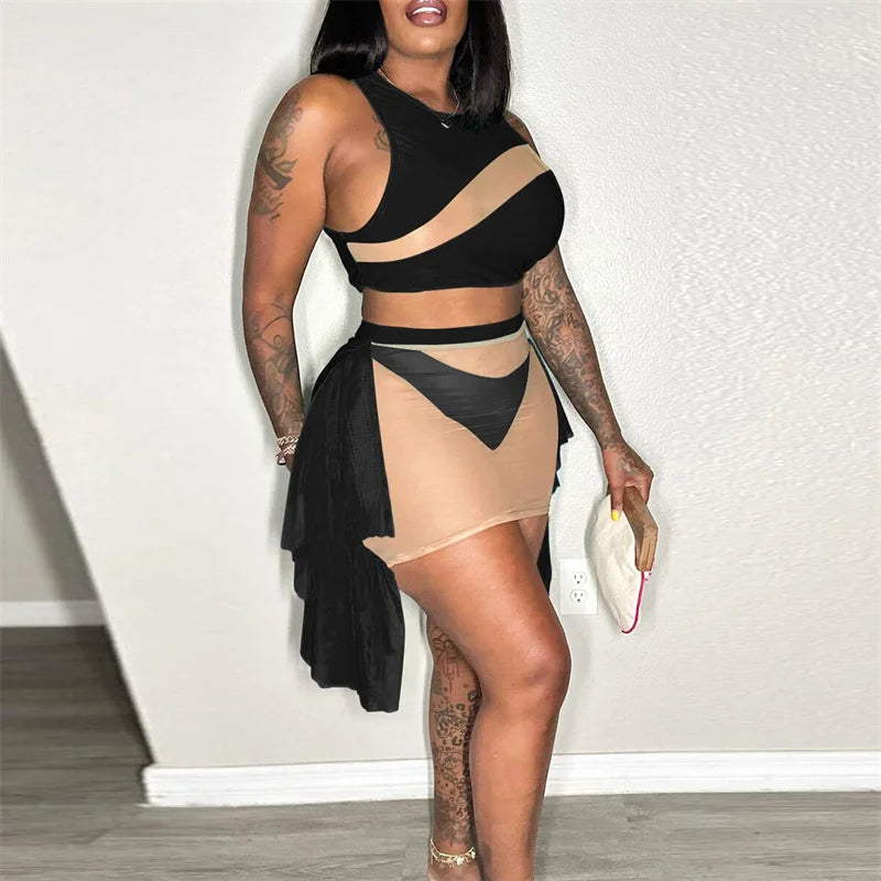 Sexy Mesh See-through Patchwork 2 Piece Sets Women Outfit Festival Clothing Tank Crop Top and Mini Skirt Set Night Club Outfits