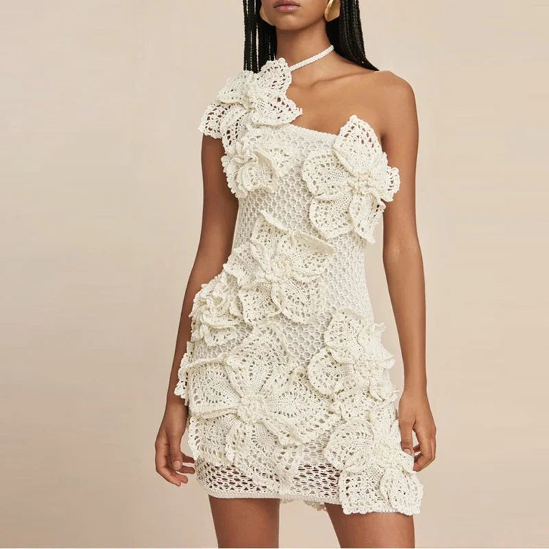 2025 New Summer Dress Fashion Flower Knit Hollow Out Dress Sexy Vintage Solid Slim Sleeveless Backless Women Dresses Mini Dress