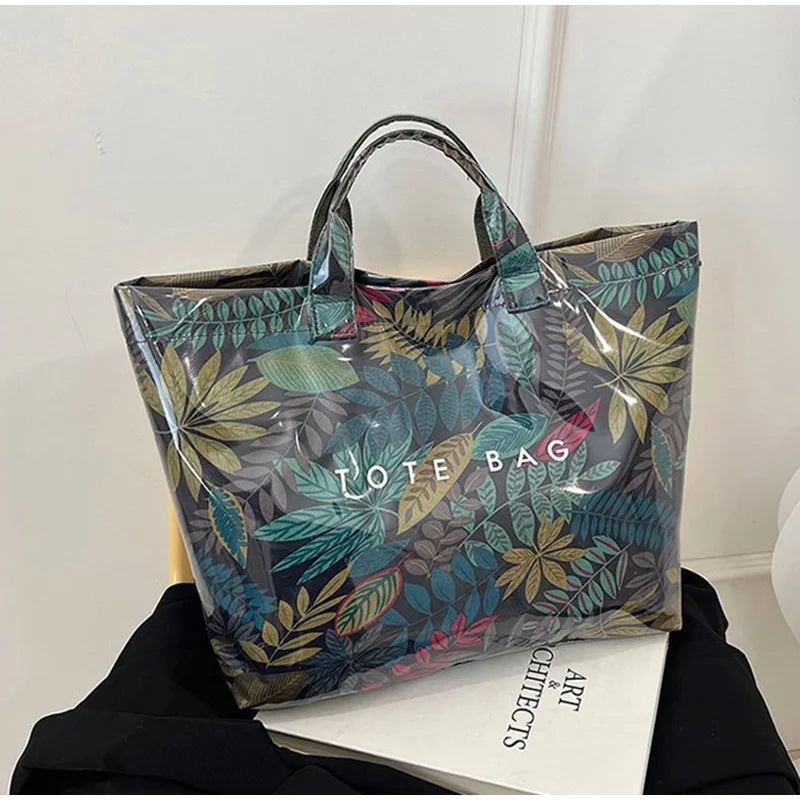 Leaf Print Handbag Pvc Fashion Transparent Waterproof Fashion High-end Shoulder Bag Large Capacity Commuter Tote Bag Shop Bag