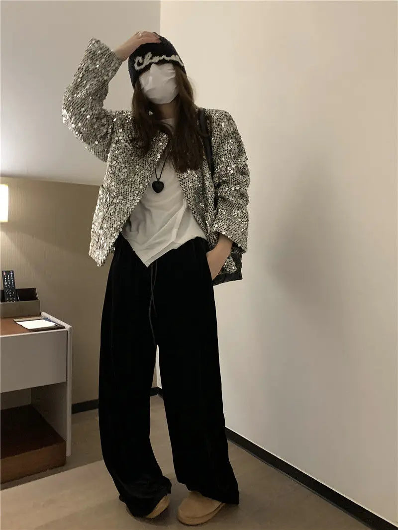 Elegant Sequined Tweed Button-Front Jacket for Women