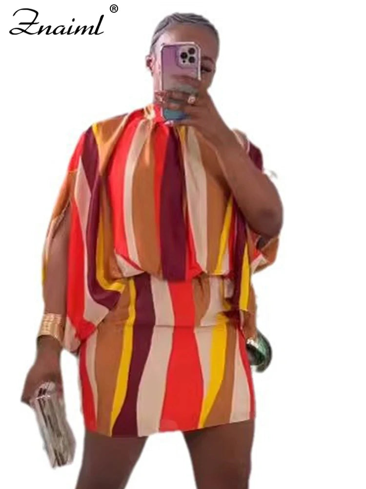 Znaiml Women‘s African Batwing Sleeve Striped Print Mini Dress Birthday O Neck Loose Night Club Female Vestidos Beach Elegant