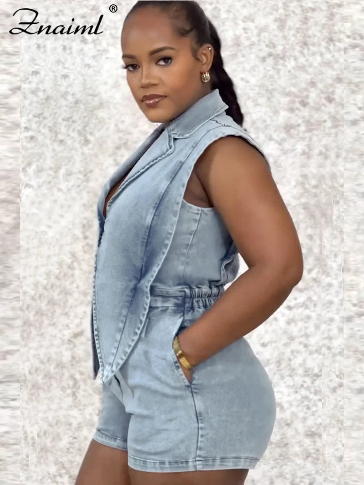 Znaiml Women Lapel Sleeveless Playsuits Fashion Denim Blue Shorts Jumpsuits Hollow Out Button Overalls Jeans One Pieces Rompers