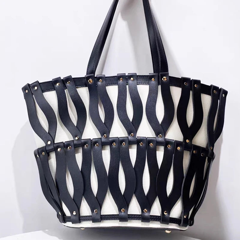 Hollow Fashion Woven Shoulder Bag Brand Retro Large Capacity Tote Bag Texture Contrast Color Canvas Handbag Beach Bag Women Bag