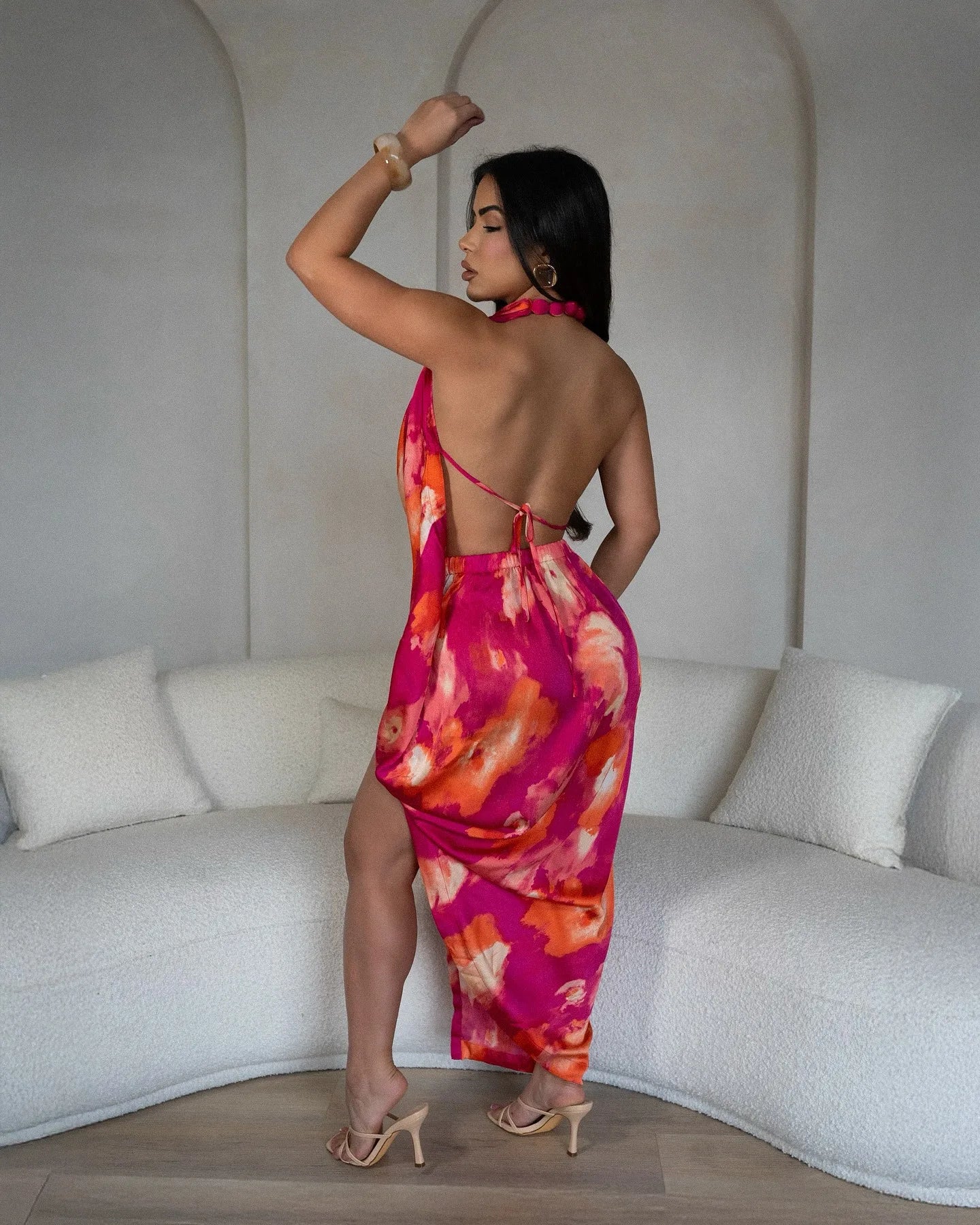 CM.YAYA Women Tie Dye Printed Sleeveless Halter Neck High Side Split Maxi Dress Summer Evening Sexy Night Party Dresses Vestidos