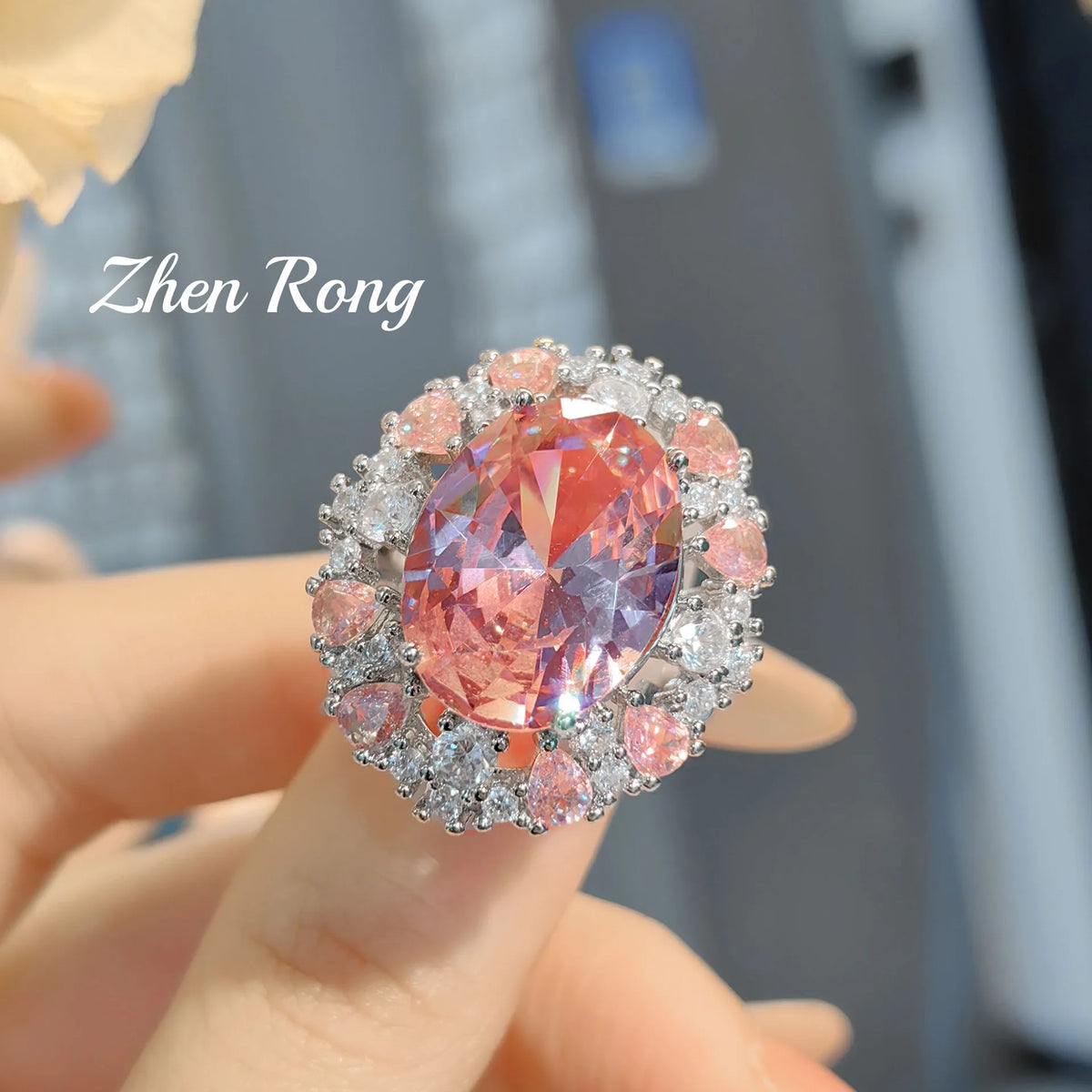 Romantic Pink Cubic Zirconia Necklace and Ring Set for Women