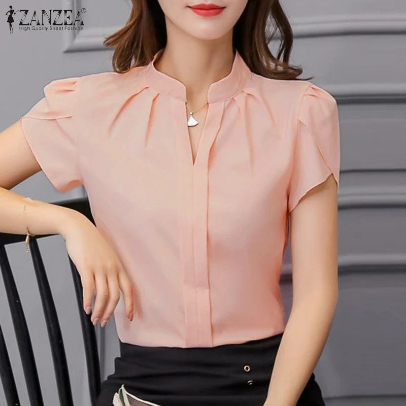 ZANZEA Formal Office V-neck Blusas Women Chiffon Blouses Elegant Ruffles Short Sleeve Tops 2024 Summer Solid Pleating Shirts